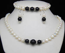 NEW 7-8mm White Freshwater Pearl Black Agate Necklace Bracelet Earrings Set 2024 - buy cheap