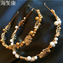 Haimeikang Baroque Luxury Vintage Metal Leaf Pearl Headband Hairband Bridal Hair Ornament Headdress Hair Accessories 2024 - buy cheap