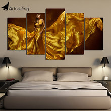 Arte sailing tela 5 peças sensual vestido dourado mulher imagens modulares moderna decoração de parede quadro de impressão em lona 2024 - compre barato