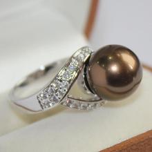 Belo anel feminino banhado a cristal decorado e 12mm concha marrom anel de pérola (#7 8 9 10) 2024 - compre barato