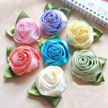 10Pieces/Lot Handmade Size 5.5CM Satin Ribbon Rose With Green Leaf Artificial Flower DIY Wedding Bouquet Decoration Accessories 2024 - buy cheap