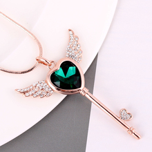Top classic fashion angel wing crystal heart key pendant rose gold color long necklace/wholesale/collier/bijoux femme/halskette 2024 - buy cheap