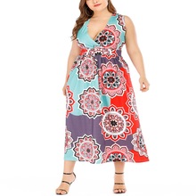 Summer plus size dress fashion women's high waist sexy deep V-neck sleeveless print long dress 2024 - buy cheap
