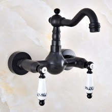 Black Oil Rubbed Bronze Wall Mounted Bathroom Kitchen Sink Faucet Swivel Spout Mixer Tap Dual Ceramics Handles Levers anf859 2024 - buy cheap