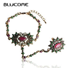 Blucome Vintage Turkish Red Bracelet Ring Set Alloy Women Girl Banquet Party Jewelry Antique Gold Color Hand Accessories Sets 2024 - buy cheap