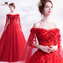 QUEEN BRIDAL Evening Dresses Ball Gown Cap Sleeve Tulle Lace Beading Luxury Red Formal Long Evening Gowns Vestido De Festa LS28 2024 - buy cheap