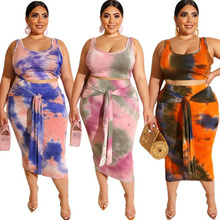 2019 Fashion Women Two Piece Skirt Casual New Tie-dye Printed Tight-fitting Bag Hips Sexy 2 Piece Set Plus Size 4XL Dropshipping 2024 - buy cheap