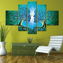 Handpainted 5 Piece Green Modern Abstract Oil Paintings On Canvas Wall Art Tree Of Life Pictures For Living Room Home Decoration 2024 - buy cheap