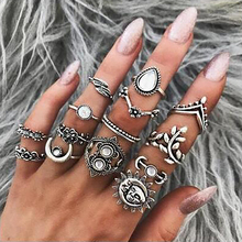 14 pçs do vintage conjunto de anel de junta para as mulheres moda sol lua flor opala pedra anéis bague femme boho jóias 2024 - compre barato