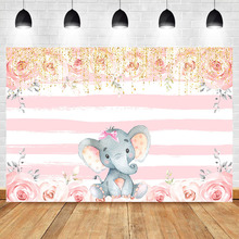 Fondo de fotografía con diseño de elefante para niña, telón de fondo Floral con diseño de rayas Rosas y blancas para cumpleaños, Decoración de mesa de pastel de Baby Shower, pancarta 2024 - compra barato