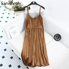 Sanishroly Autumn Women Long Pleated Dresses Sexy V-Neck Velvet Dresses Female Sleeveless Spaghetti Strap Dress Vestidos SE345 2024 - buy cheap