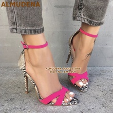 ALMUDENA Pink Suede Strappy High Heel Sandals Sexy Snakeskin Patchwork Dress Shoes Gladiator Pumps Dropship Buckle Strap Sandals 2024 - buy cheap