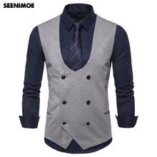 SEENIMOE 2019 Mens Waistcoat Dark Grain Formal Blazer Vests Double Breasted Turndown Collar EU size Men Casual Vests 2024 - buy cheap