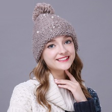 Lady Handmade Pompom Hat Girls Beaded Knitting  Wool Hat Ladies Fall Winter Pullover Cap Winter Warm Hat Adjustable B-8646 2024 - buy cheap