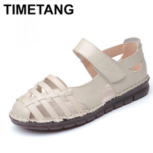 TIMETANG  Women's Sandals 2019 Summer Genuine Leather Handmade Ladies Shoe Leather Sandals Women Flats Retro Style Mother Shoes 2024 - buy cheap