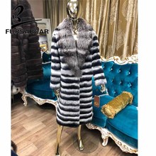 FURSARCAR 110 CM Length Women Real Fur Coat 2021 New Rex Rabbit Fur Coat With Silver Fox Fur Collar Luxury Winter Fur Jacket 2024 - buy cheap