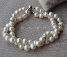 Wholesale Pearl Jewelry, Wedding Bridesmaids Gift Bracelet, White Color 7-8MM Genuine Freshwater Pearl Bracelet 8inches 2 Rows. 2024 - buy cheap