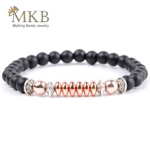 Pulsera de piedra Natural para hombre y mujer, brazalete de cuentas de hematita de oro rosa, Ágata negra mate de 6mm, joyería, envío directo 2024 - compra barato