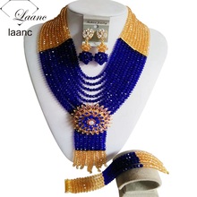 Unique gold champagne and royal blue Crystal Necklaces Nigerian African wedding Beads Jewelry Set Free shippingLZ489 2024 - buy cheap