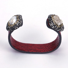 Natural Freshwater Pearl Rough Druzy Stone Charm Pave Rhinestone Dark Red Real Snake Leather Wide Wrap Open Bangle Cuff Women 2024 - buy cheap