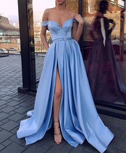 Blue Muslim Evening Dresses A-line V-neck Off The Shoulder Slit Sexy Islamic Dubai Saudi Arabic Long Elegant Evening Gown 2024 - buy cheap