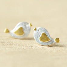 Personality Cute Animal 925 Sterling Silver Jewelry Brushed Bird Heart-shaped Stud Earrings Wholesale   E114 2024 - buy cheap