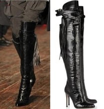 Winter New Brand Women 100% Genuine Leather Snakeskin Python Pointed Toe Stiletto Heels Fringe Tassel Over The Knee Boots Lady 2024 - buy cheap