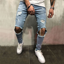 Men Slim Fashion Knee Ripped Jeans high stretch Skinny distressed Destroyed blue Denim Joggers Hip-hop Swag Hole Biker Jeans 2024 - buy cheap