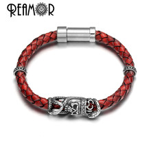 REAMOR Punk 316l Stainless steel Devil Skull Snake Retro Red Genuine Leather Braided Bracelet Mens DIY Metal Handmade Bangles 2024 - buy cheap