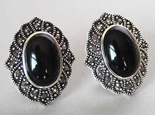 VINTAGE 925  NATURAL BLACK Natural Stone MARCASITE EARRINGS 1" Natural bread  big earringsWomen Party, Factory wholesale price 2024 - buy cheap