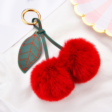 Sweet Fluffy Pompon Keychain Fashion Women Gift Plush Faux Fur Fruit Bag Car Pendant Cherry With PU Leaves Hair Ball Key Ring 2024 - buy cheap