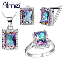 Almei Dubai Luxury Zirconia Rainbow Bridal Necklace and Earring Ring Sets Costume Jewelry Set Women With Blue Pink Stone T483 2024 - buy cheap