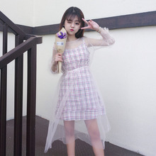Корейское студенческое платье, летнее платье в клеточку в консервативном стиле, милое платье из двух предметов для девочек, платье в стиле Лолиты, женское Сетчатое платье 2024 - купить недорого