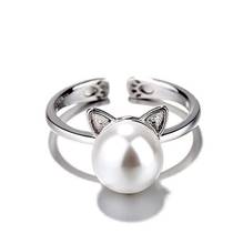 Женское кольцо с кошачьими ушками, регулируемое кольцо серебряного цвета с имитацией жемчуга, рождественский подарок для девочек и женщин 2024 - купить недорого