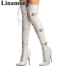 2019 White Over-The-Knee Cross-tied Buckle Strap Sexy Pointed Toe And High Heel Boots Fashion Party Women Long Boots 10CM Heel 2024 - buy cheap