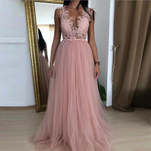 Real Picture Dusty Pink Elegant Round Neck A Line Tulle Long Evening Formal Dresses Applique Summer Prom Gown Custom Party Dress 2024 - buy cheap