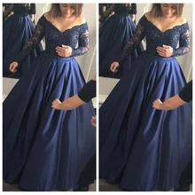 Vestidos de Noche de encaje de manga larga, traje Formal de corte en A, color azul marino, con cordones en la espalda, para fiesta de graduación, personalizado, 2021 2024 - compra barato