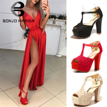 BONJOMARISA-Sandalias con plataforma de encaje para mujer, zapatos de tacón alto, sexys, de fiesta nocturna, talla grande 33-43, para verano 2024 - compra barato