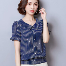 Blusa feminina chiffon manga curta, camisa feminina casual gola peter pan dd1871 2024 - compre barato