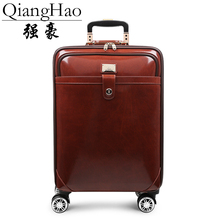 Qianghao 100% conjunto de mala de viagem em couro bovino, mala com roda, caixa à prova d'água, 16 "20" polegadas, mala de viagem 2024 - compre barato