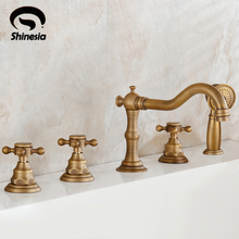 Antique Brass 5pcs  Bathtub Mixer Faucet Three Handles With Telephone Shape Handheld Shower 2024 - buy cheap