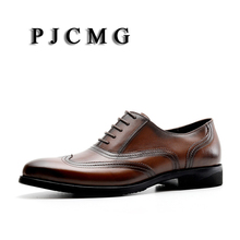 PJCMG Oxford-zapatos de cuero genuino para hombre, calzado Formal clásico con puntera puntiaguda, con cordones tallados, color negro/marrón, a la moda 2024 - compra barato