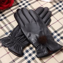 Sheepskin Female Gloves Autumn Winter Thick Warm Outdoor Fashion Elegant Rabbit Fur Ball Women's Genuine Leather Mittens H3208 2024 - buy cheap