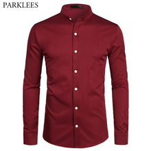 Мужская Облегающая рубашка, с длинным рукавом, винно-красного цвета, на кнопках 2024 - купить недорого