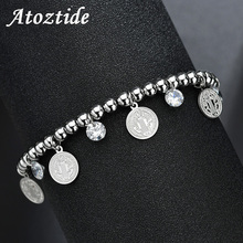 Atoztide Classic Christian Jesus Coin Bracelet For Women Adjustable Stainless Steel Clear Crystal Silver Color Beaded Bracelet 2024 - buy cheap