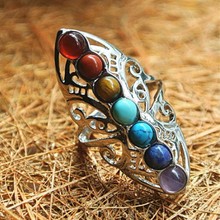 Anel de pedras naturais de cura reiki, anel ajustável de 7 chakras com pedras naturais boho para mulheres 2024 - compre barato