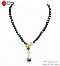 Qingmos Natural AA Black Pearl Necklace for Women with Drop Shell Pearl Pendant Necklace & Gold Four-Leaf Zircon Clasp Jewelry 2024 - buy cheap