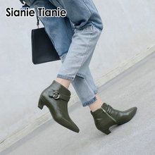 Sianie tianie-botas de salto médio, sapato de inverno feminino com fivela, bico fino, verde, azeitona, plus size, 45 e 46 2024 - compre barato