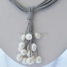 Wholesale Pearl Jewelry 15Rows 17 Inches 8-13mm White Rice Pearl Gray Leather Grape Necklace - Handmade Jewelry - XZN29 2024 - buy cheap