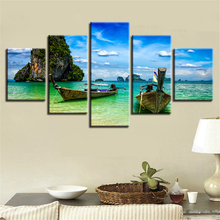 Decoración de pared del hogar arte HD impreso 5 piezas isla barco y cielo azul nube blanca paisaje marino lienzo cuadros marco Modular pintura 2024 - compra barato